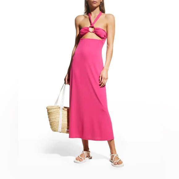 Solid & Striped | The Tati Tie Halter Midi Dress In BOUGAINVILLEA Size L NEW - Picture 3 of 7